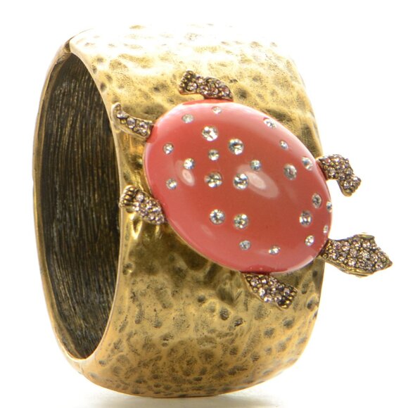 Vintage Oscar de la Renta Crystal & Coral Cabochon Hammered Turtle Bracelet - Picture 4 of 11